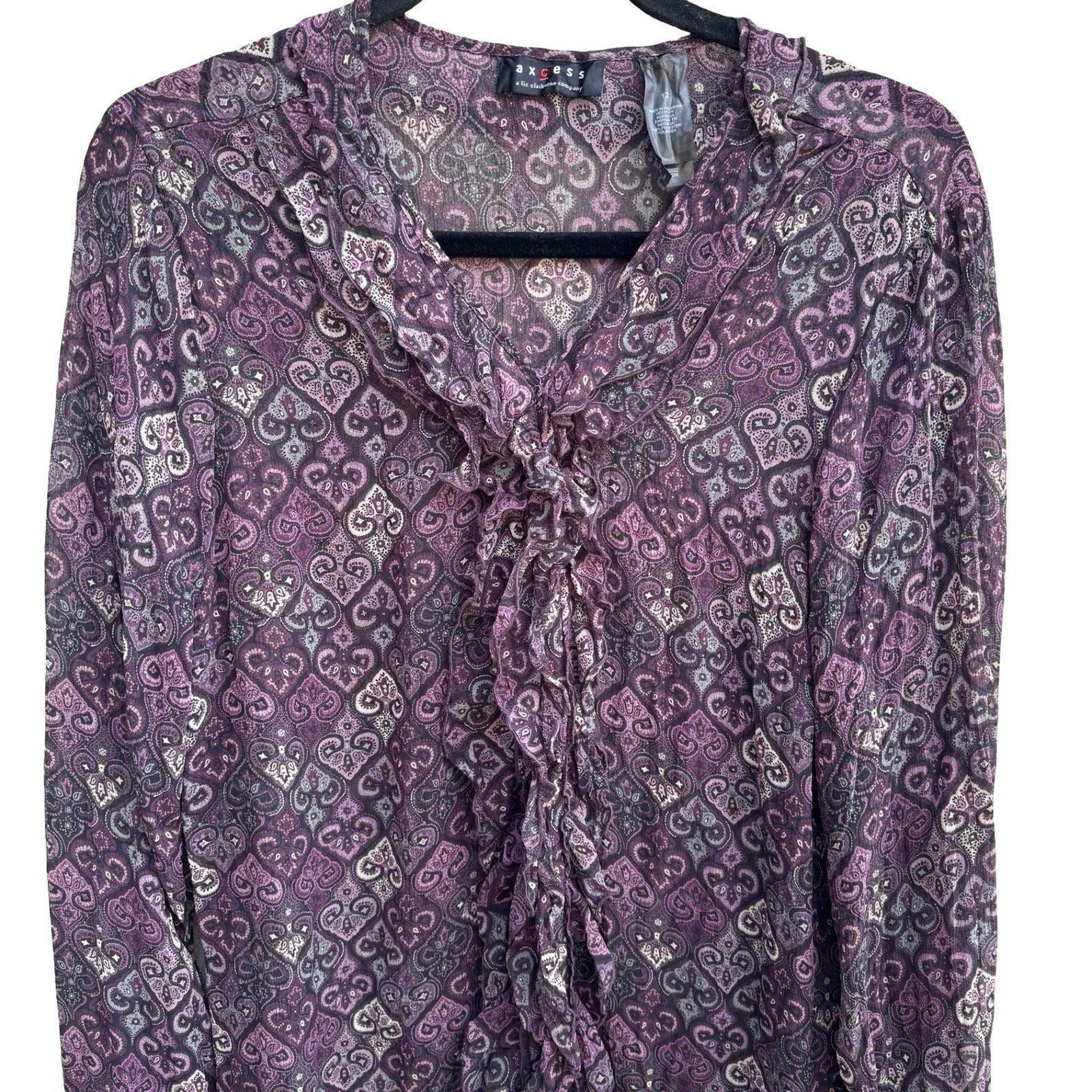 Axcess Liz Claiborne Y2K Whimsigoth Boho Sheer Purple Paisley Ruffle Blouse 12