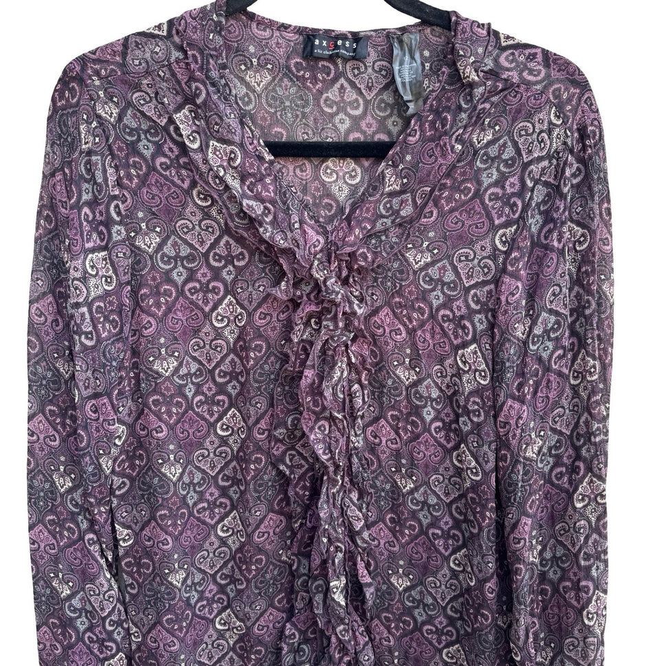 Axcess Liz Claiborne Y2K Whimsigoth Boho Sheer Purple Paisley Ruffle Blouse 12