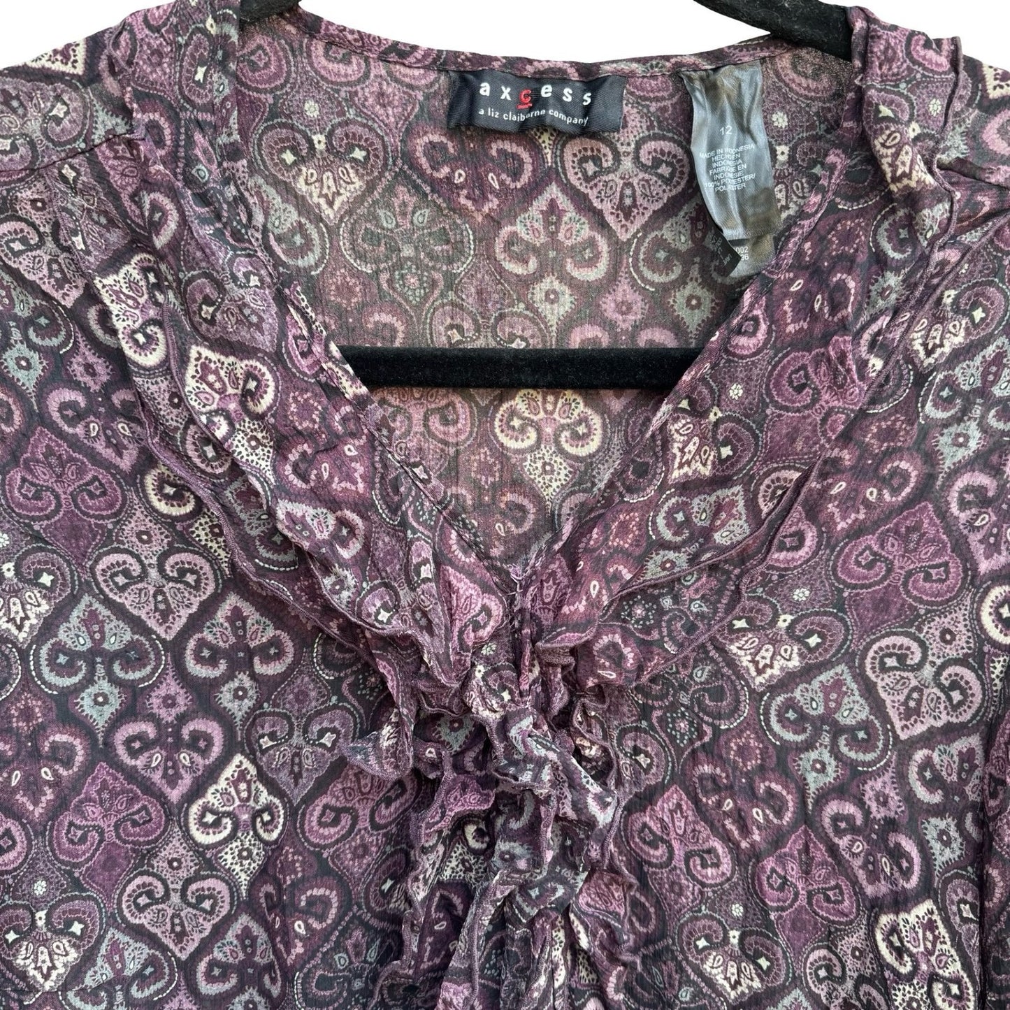 Axcess Liz Claiborne Y2K Whimsigoth Boho Sheer Purple Paisley Ruffle Blouse 12