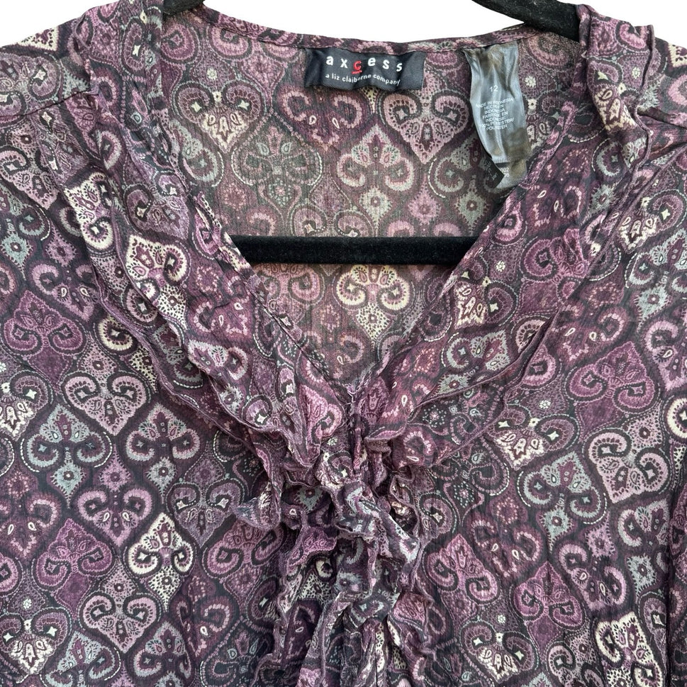 Axcess Liz Claiborne Y2K Whimsigoth Boho Sheer Purple Paisley Ruffle Blouse 12