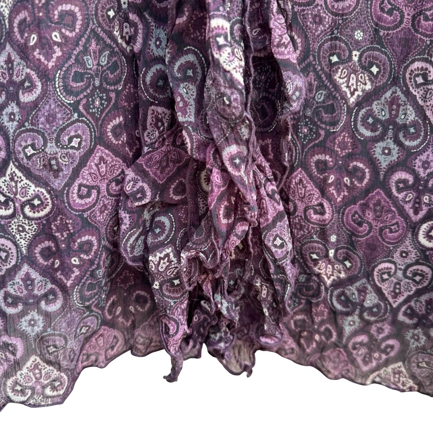Axcess Liz Claiborne Y2K Whimsigoth Boho Sheer Purple Paisley Ruffle Blouse 12