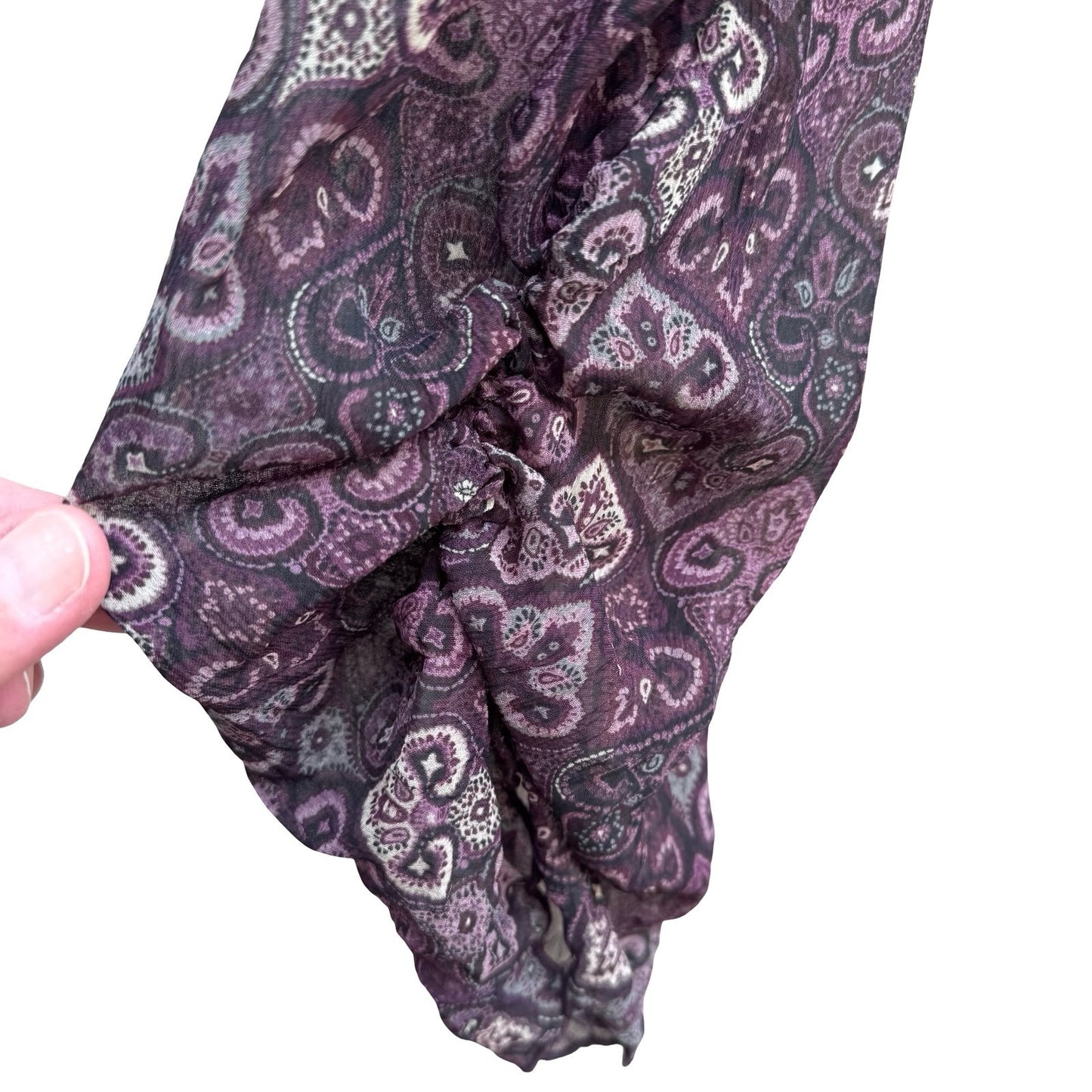 Axcess Liz Claiborne Y2K Whimsigoth Boho Sheer Purple Paisley Ruffle Blouse 12