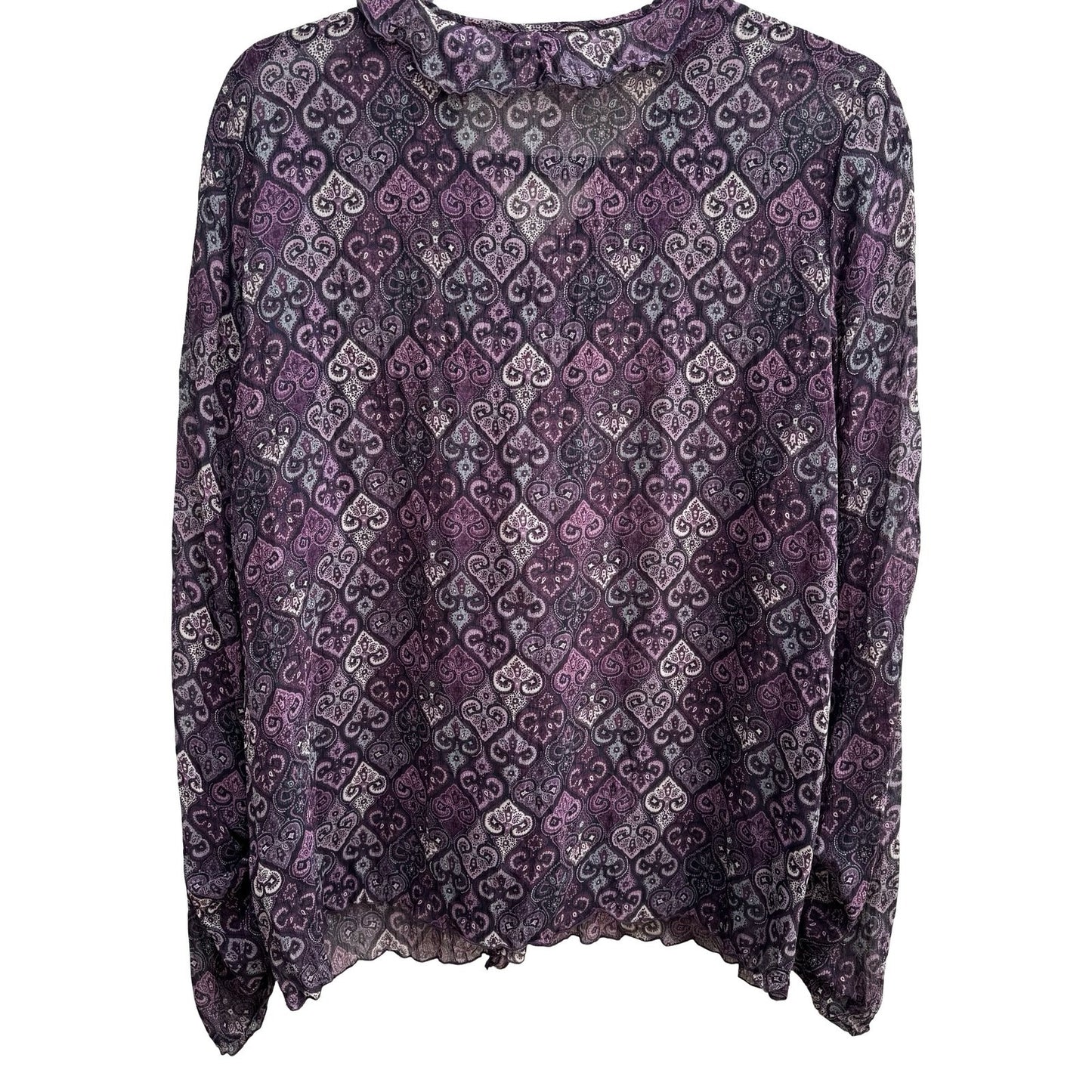 Axcess Liz Claiborne Y2K Whimsigoth Boho Sheer Purple Paisley Ruffle Blouse 12