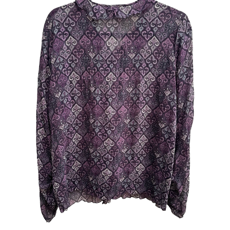 Axcess Liz Claiborne Y2K Whimsigoth Boho Sheer Purple Paisley Ruffle Blouse 12