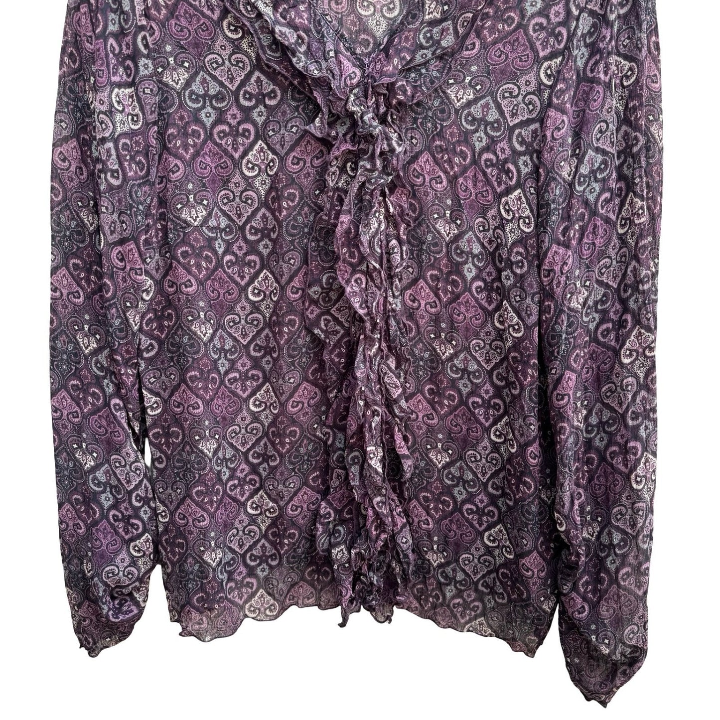 Axcess Liz Claiborne Y2K Whimsigoth Boho Sheer Purple Paisley Ruffle Blouse 12