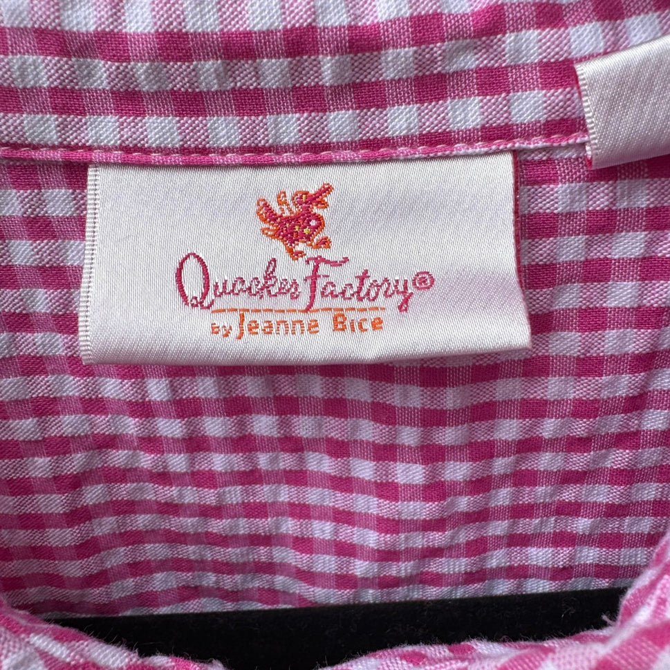 Quacker Factory Grandmacore Cottagecore Gingham Rhinestone Roll Tab Shirt PInk S