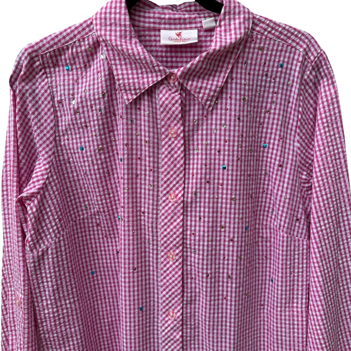 Quacker Factory Grandmacore Cottagecore Gingham Rhinestone Roll Tab Shirt PInk S