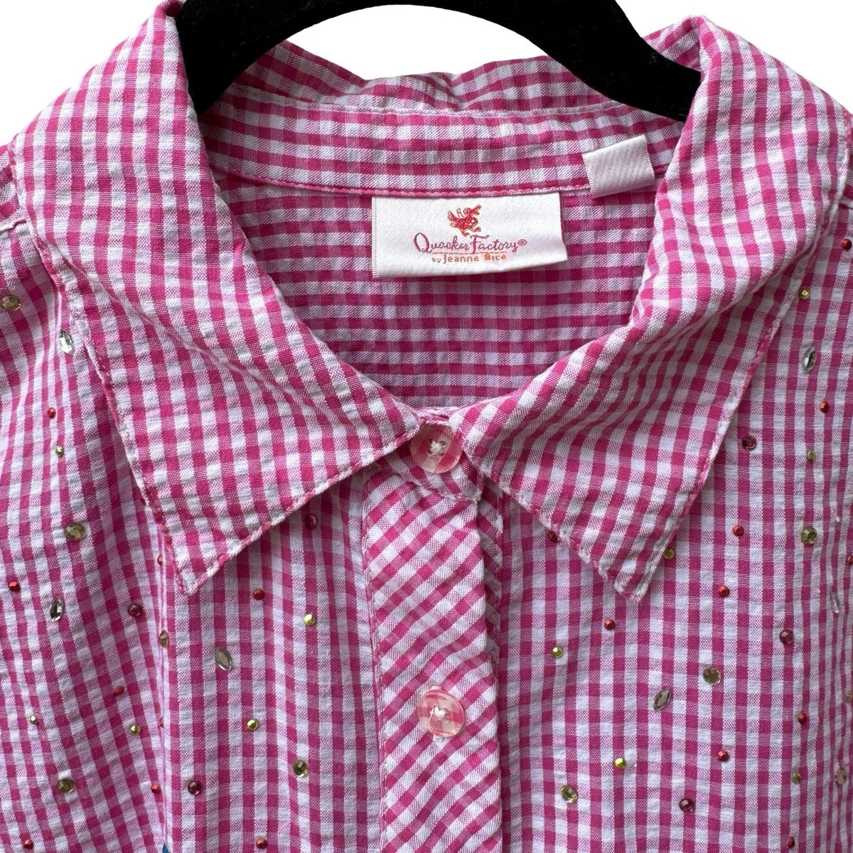 Quacker Factory Grandmacore Cottagecore Gingham Rhinestone Roll Tab Shirt PInk S