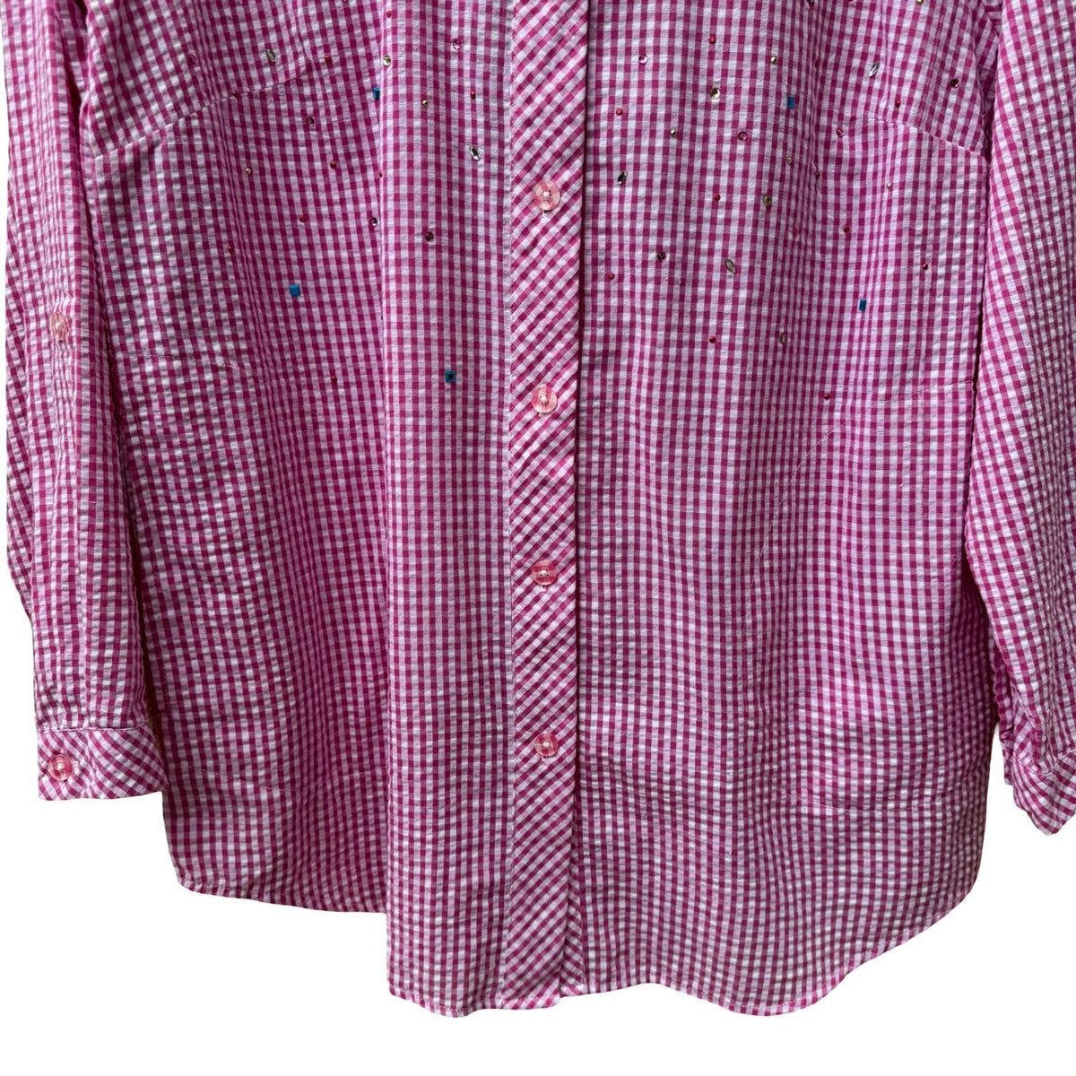 Quacker Factory Grandmacore Cottagecore Gingham Rhinestone Roll Tab Shirt PInk S