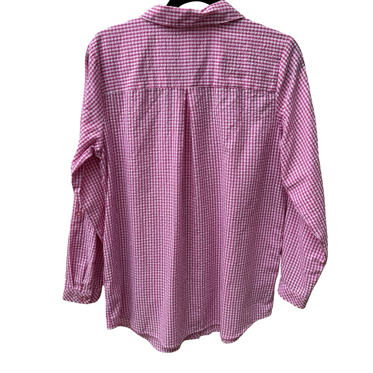 Quacker Factory Grandmacore Cottagecore Gingham Rhinestone Roll Tab Shirt PInk S