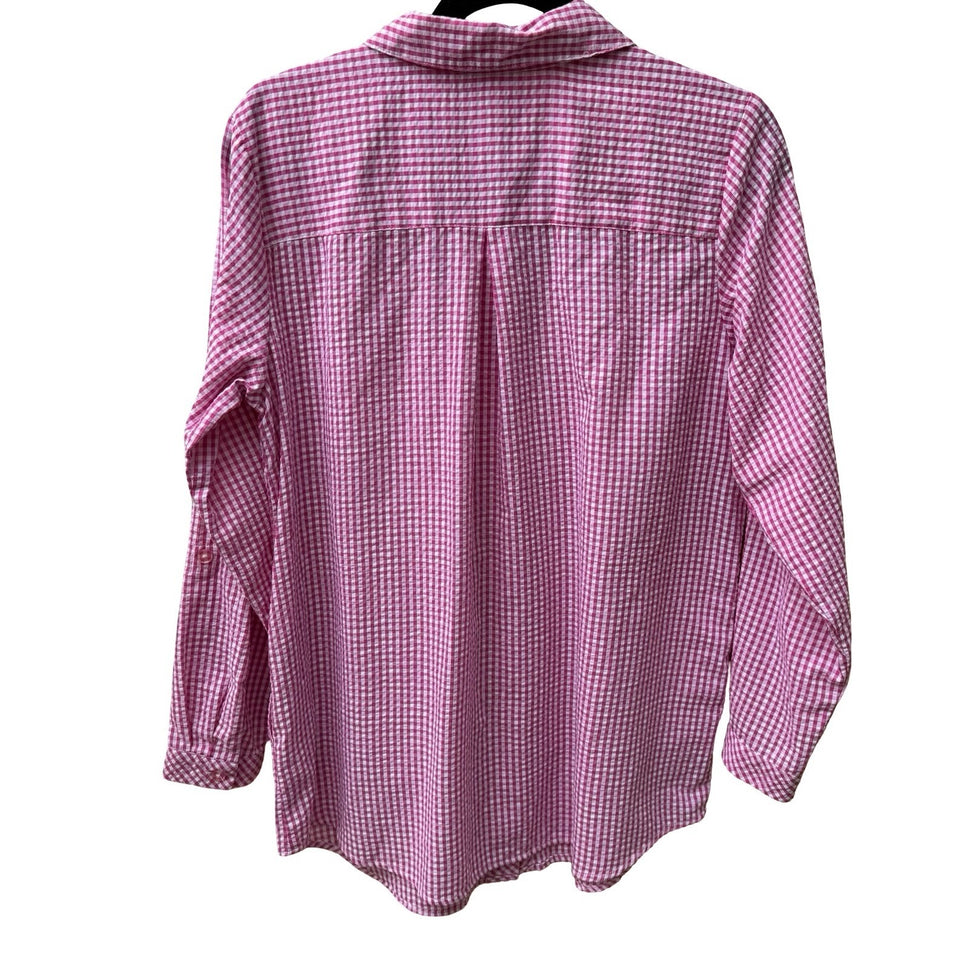 Quacker Factory Grandmacore Cottagecore Gingham Rhinestone Roll Tab Shirt PInk S