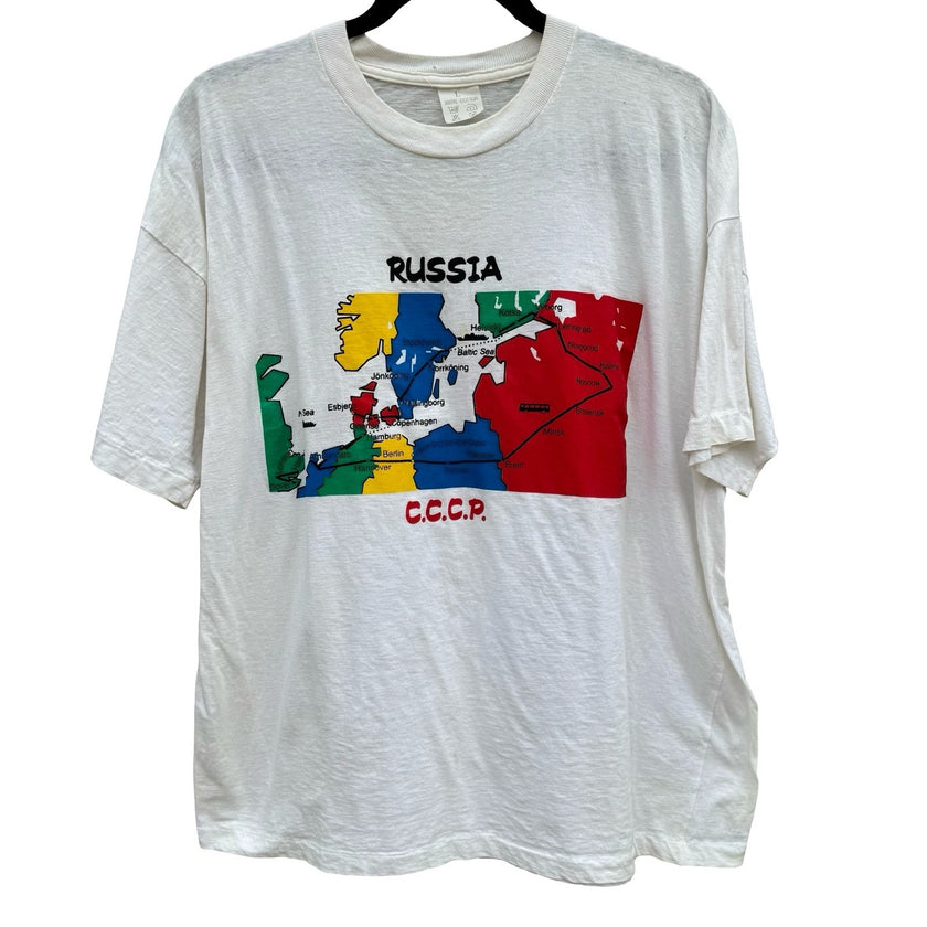 Vintage Russia CCCP Map Graphic Shirt White Single Stitch Large 90s Soviet Union