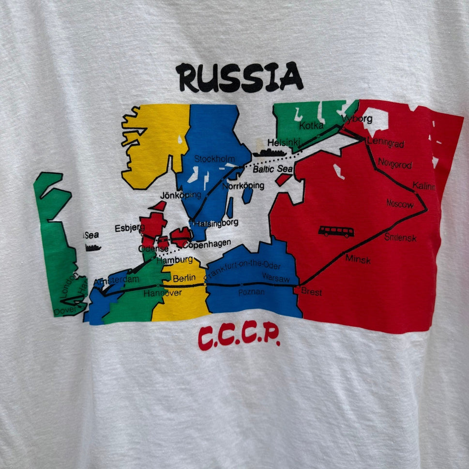Vintage Russia CCCP Map Graphic Shirt White Single Stitch Large 90s Soviet Union