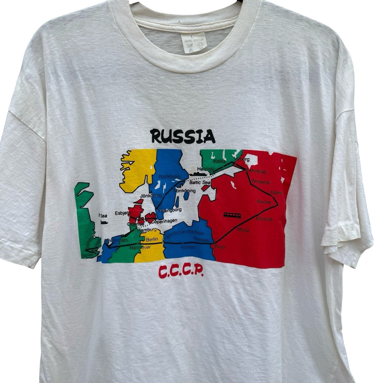 Vintage Russia CCCP Map Graphic Shirt White Single Stitch Large 90s Soviet Union