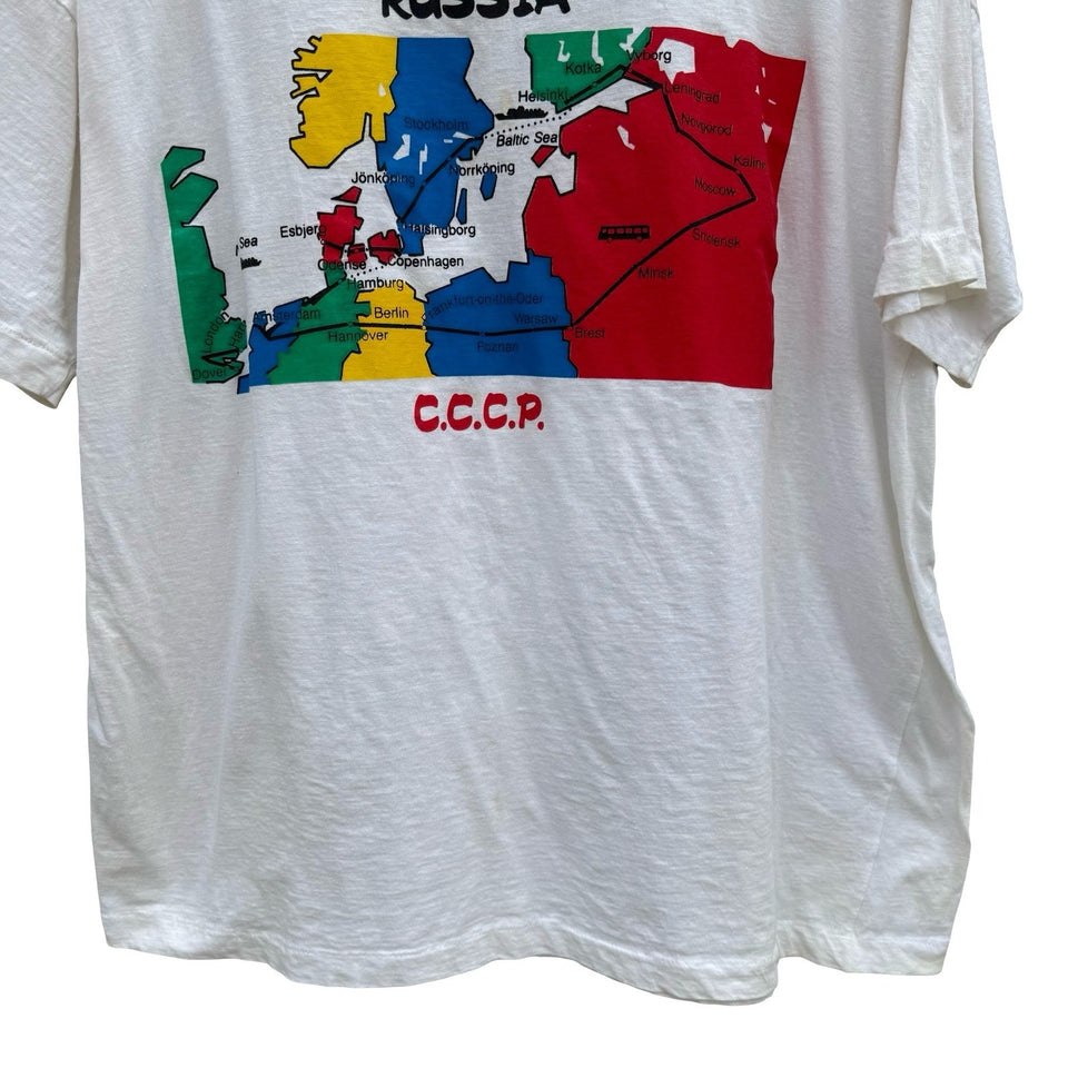 Vintage Russia CCCP Map Graphic Shirt White Single Stitch Large 90s Soviet Union