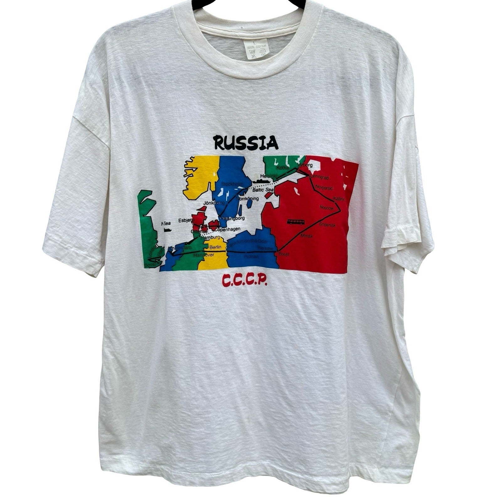 Vintage Russia CCCP Map Graphic Shirt White Single Stitch Large 90s Soviet Union