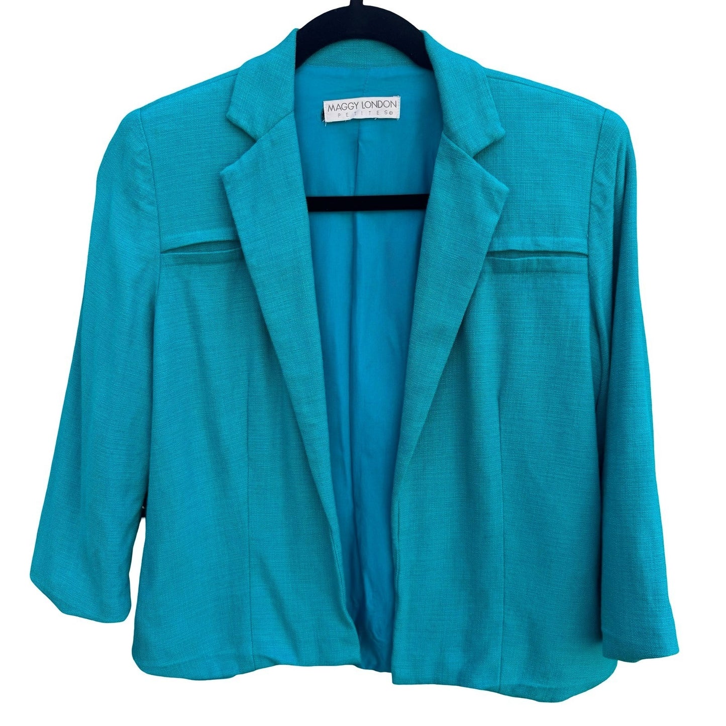 Maggy London Petites Vintage Teal Open Front Blazer Textured 3/4 Sleeve Jacket 8