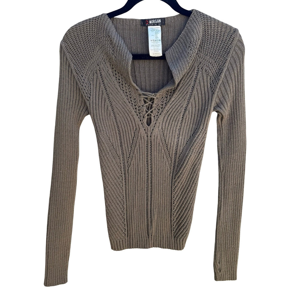 Morgan De Toi Vintage French Y2K Fairycore Lace Up Ribbed Pointelle Knit Sweater