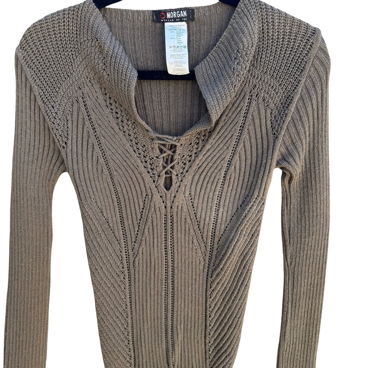 Morgan De Toi Vintage French Y2K Fairycore Lace Up Ribbed Pointelle Knit Sweater