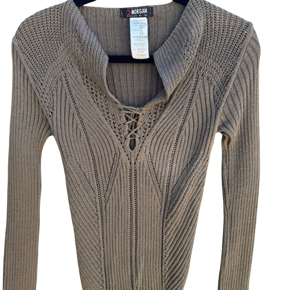 Morgan De Toi Vintage French Y2K Fairycore Lace Up Ribbed Pointelle Knit Sweater