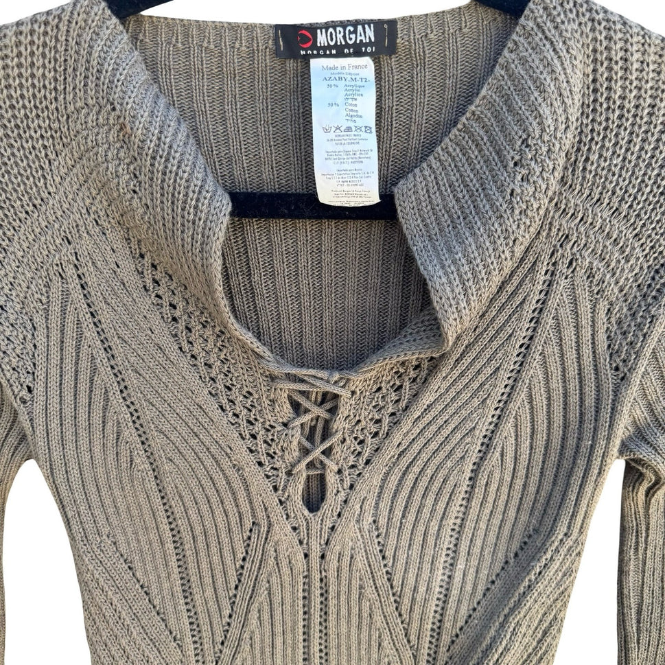 Morgan De Toi Vintage French Y2K Fairycore Lace Up Ribbed Pointelle Knit Sweater