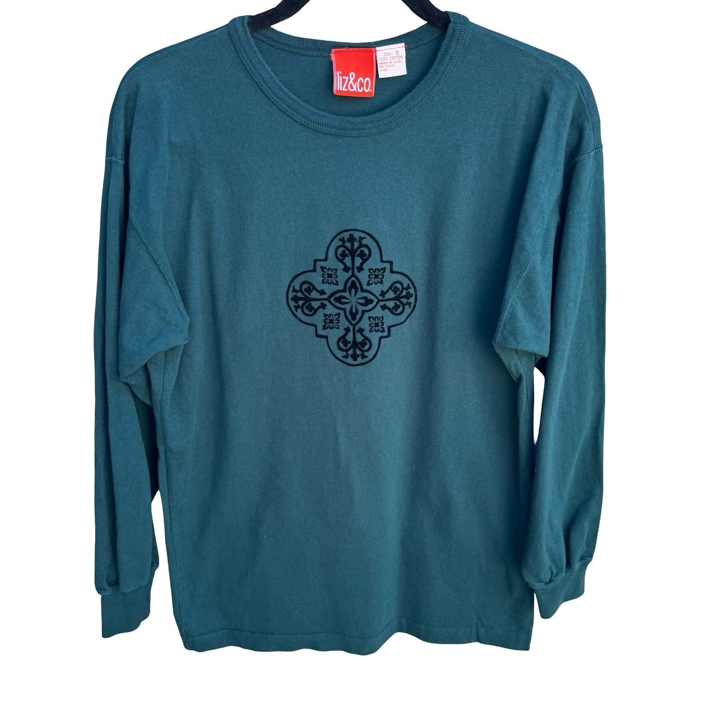 Liz & Co Womens Teal Green Long Sleeve Graphic T-Shirt Medallion Flocked Size S
