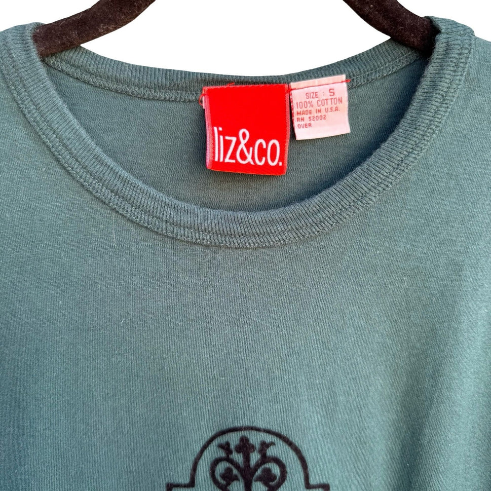 Liz & Co Womens Teal Green Long Sleeve Graphic T-Shirt Medallion Flocked Size S