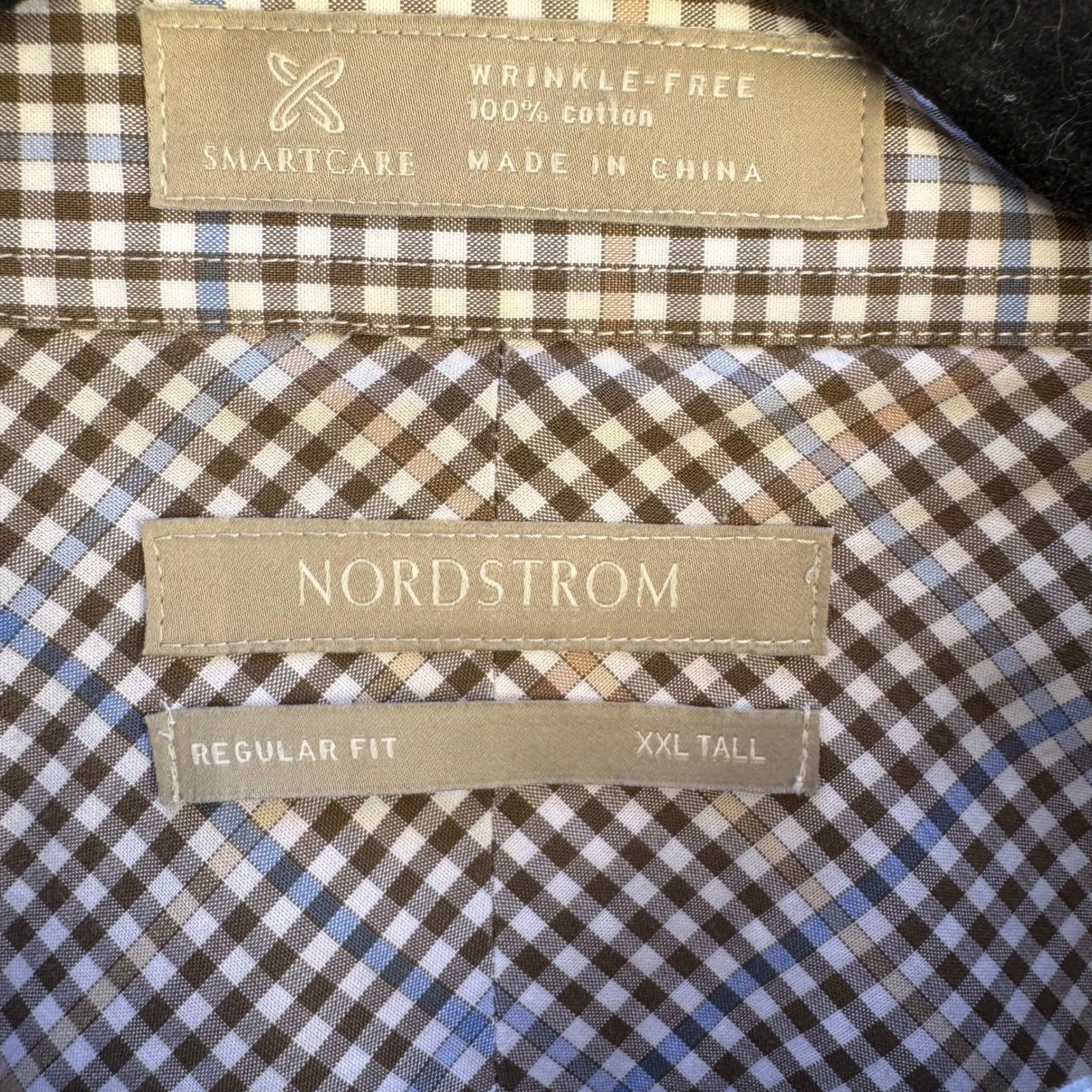 Nordstrom Smartcare Regular Fit Brown Blue Check Preppy Shirt Mens XXL Tall