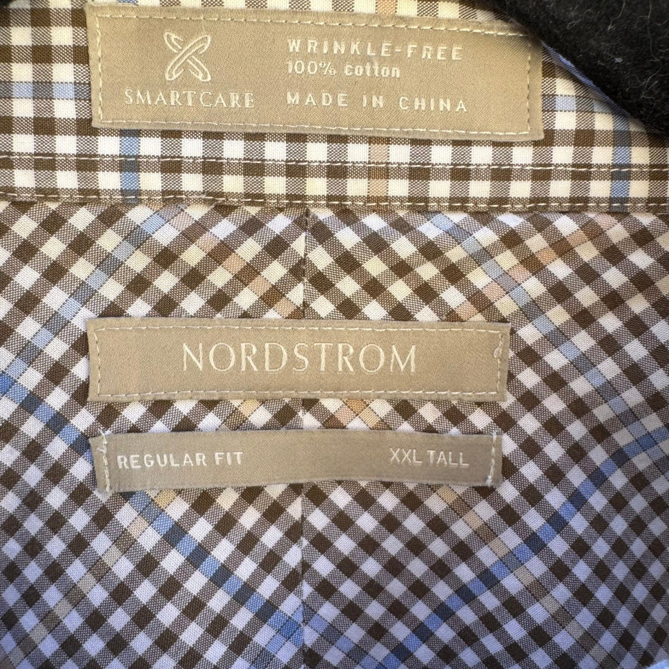Nordstrom Smartcare Regular Fit Brown Blue Check Preppy Shirt Mens XXL Tall