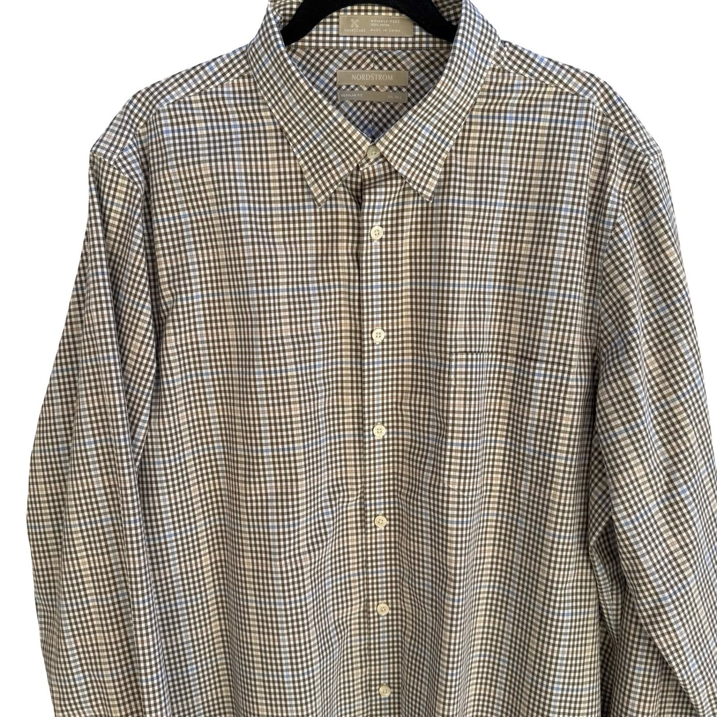 Nordstrom Smartcare Regular Fit Brown Blue Check Preppy Shirt Mens XXL Tall