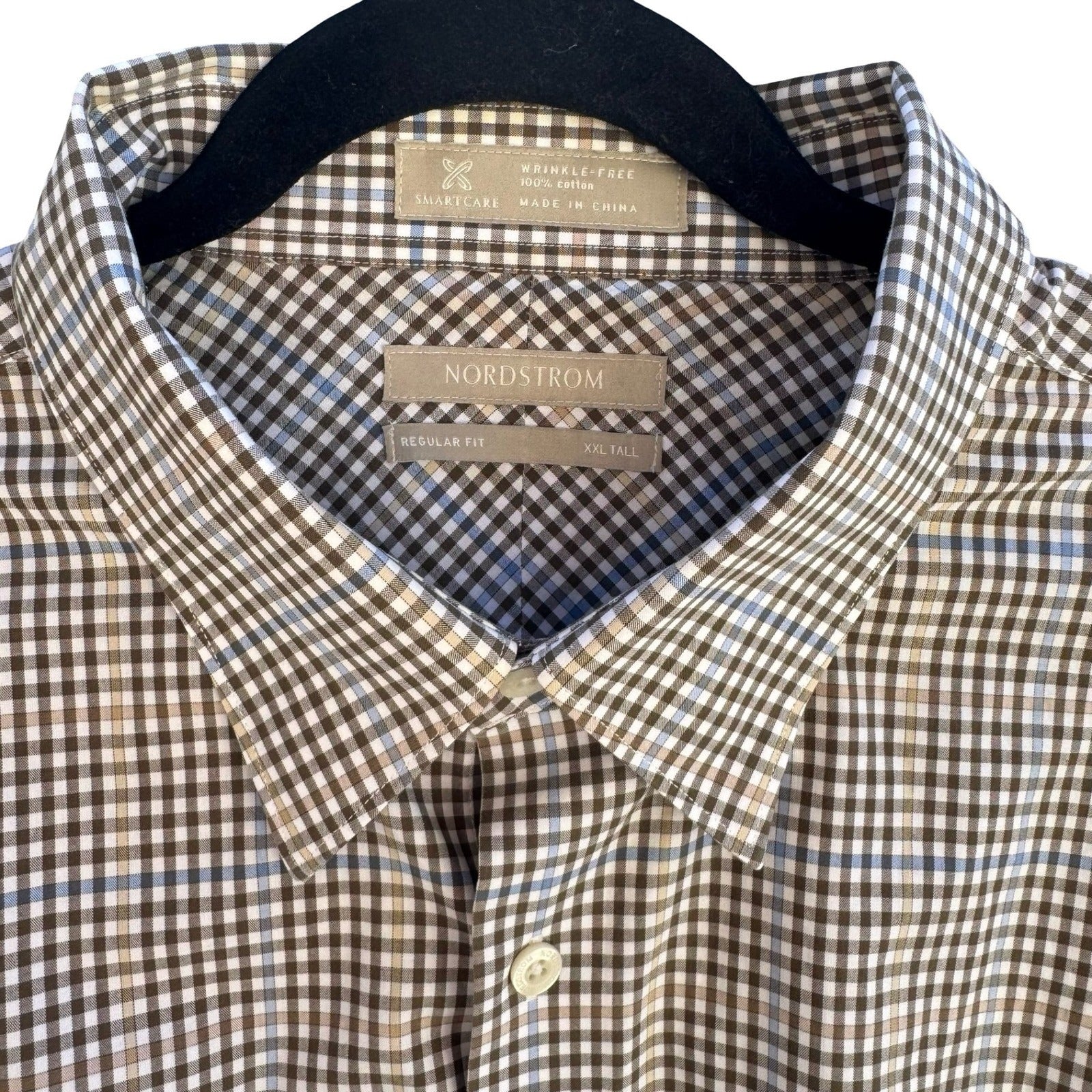 Nordstrom Smartcare Regular Fit Brown Blue Check Preppy Shirt Mens XXL Tall