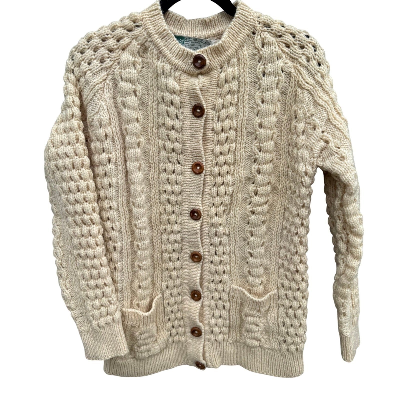 John Molloy Ireland Pure Virgin Wool Aran Cable Knit Cardigan Sweater Cream 42