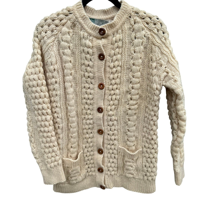 John Molloy Ireland Pure Virgin Wool Aran Cable Knit Cardigan Sweater Cream 42