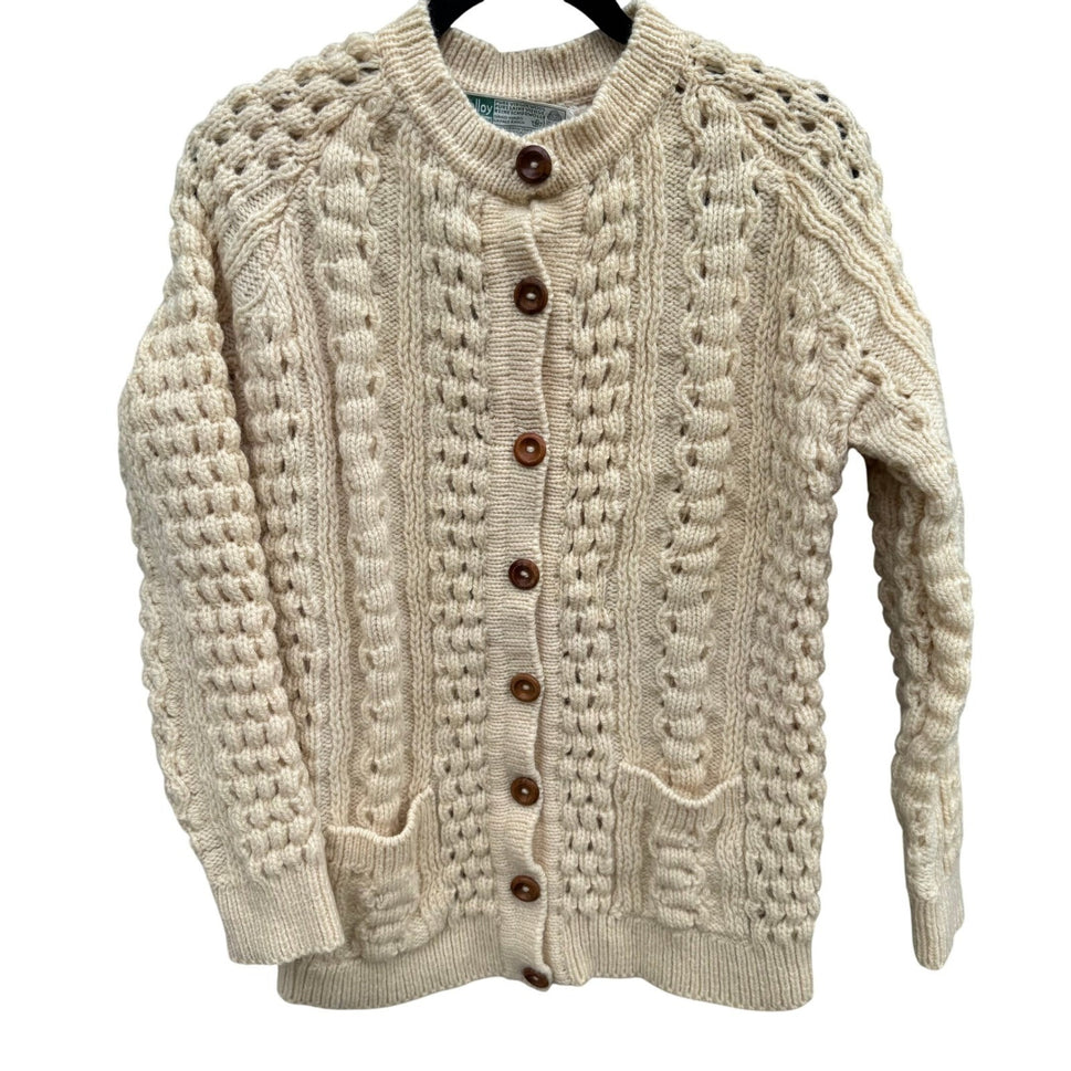 John Molloy Ireland Pure Virgin Wool Aran Cable Knit Cardigan Sweater Cream 42