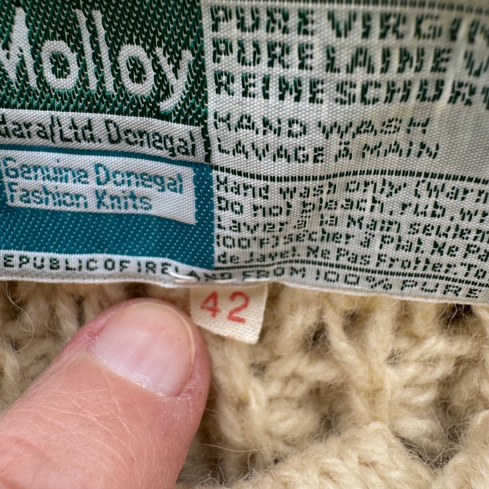 John Molloy Ireland Pure Virgin Wool Aran Cable Knit Cardigan Sweater Cream 42