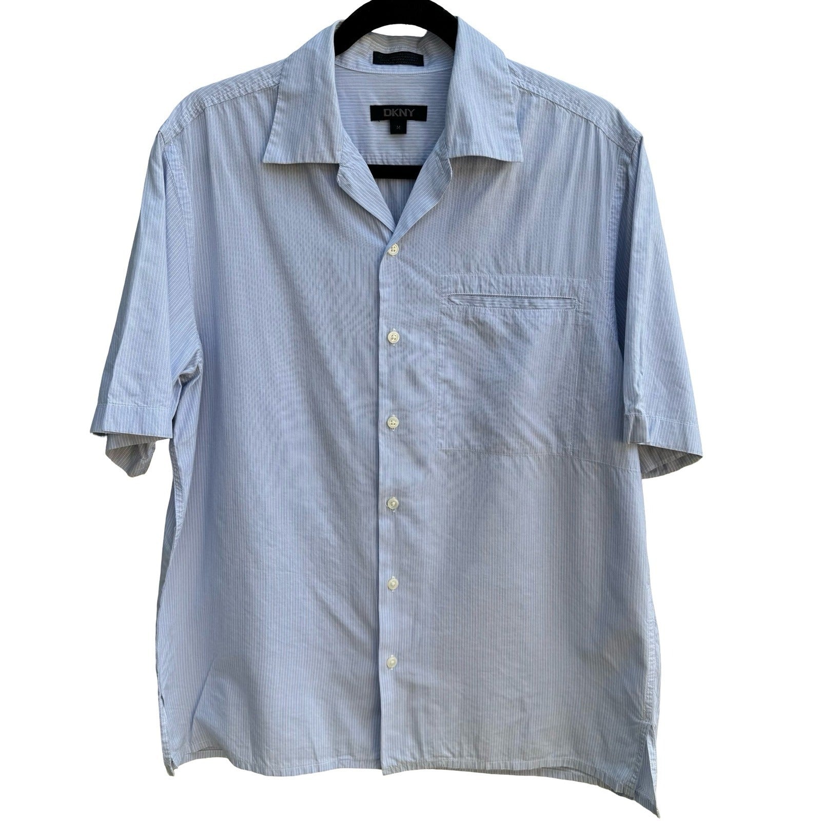 DKNY Coastal Summer Striped Preppy Camp Shirt Resortwear Cotton Blue Mens M