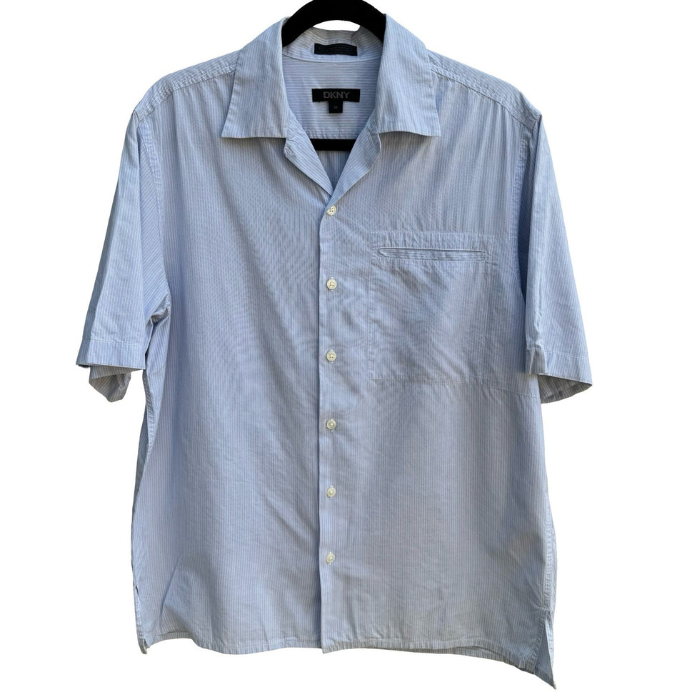 DKNY Coastal Summer Striped Preppy Camp Shirt Resortwear Cotton Blue Mens M