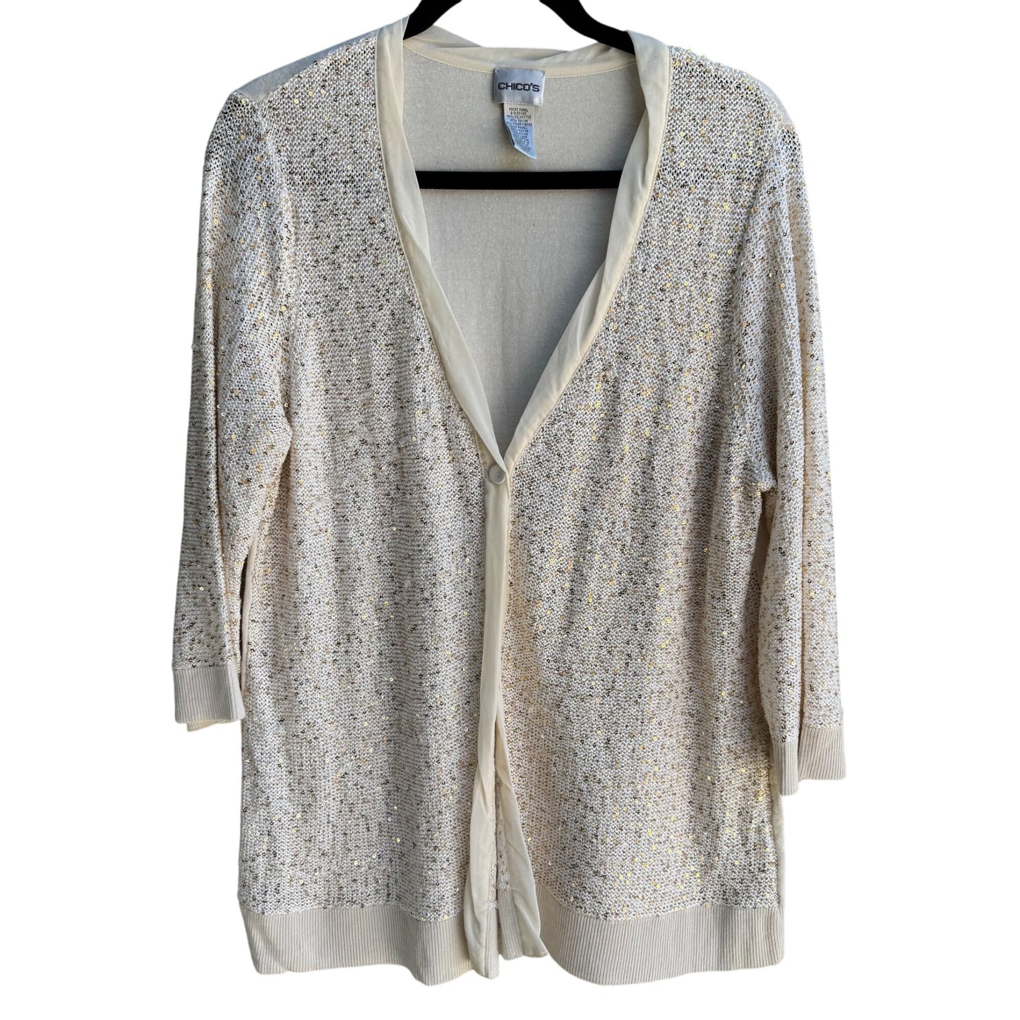 Chicos Sequin Embellished V Neck Glam Beige Gold Knit Cardigan Sweater Size 3