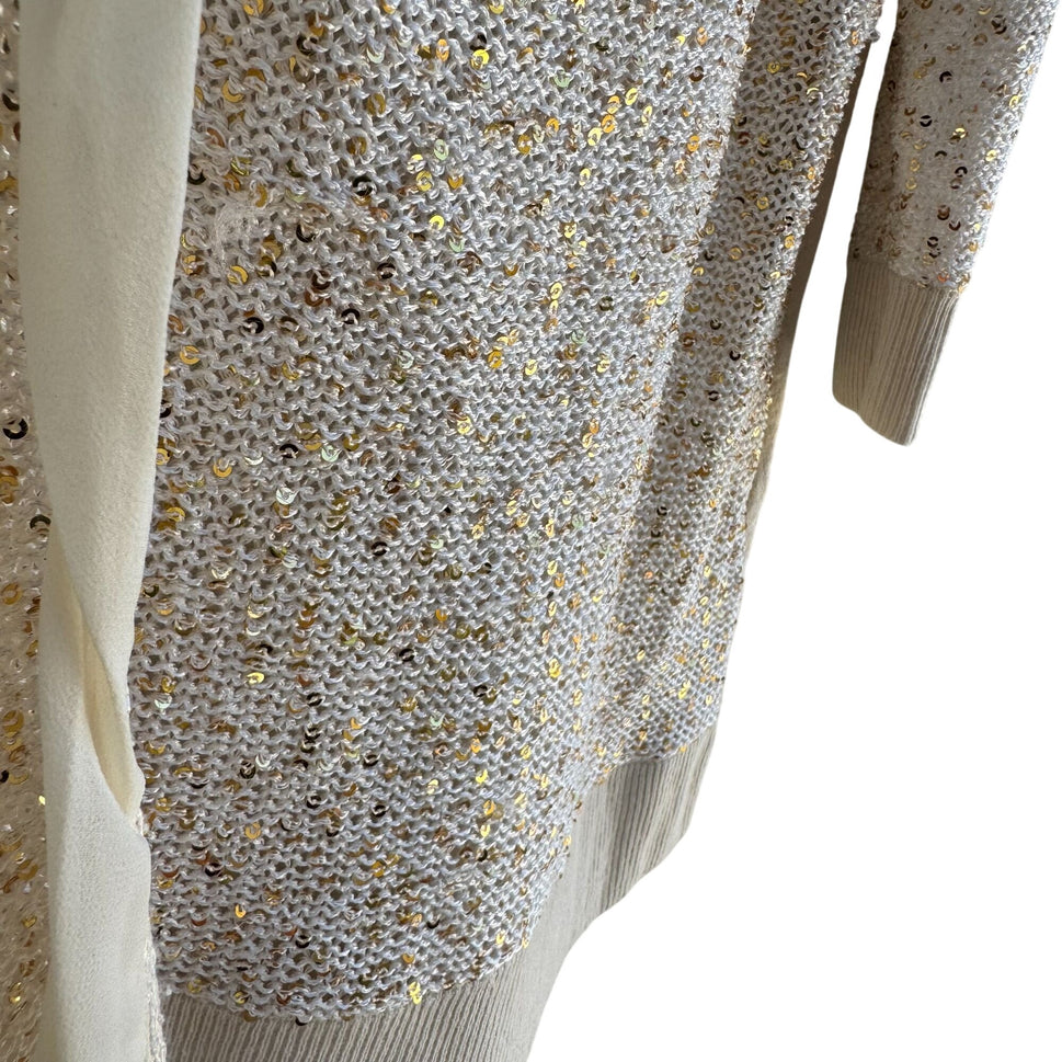Chicos Sequin Embellished V Neck Glam Beige Gold Knit Cardigan Sweater Size 3