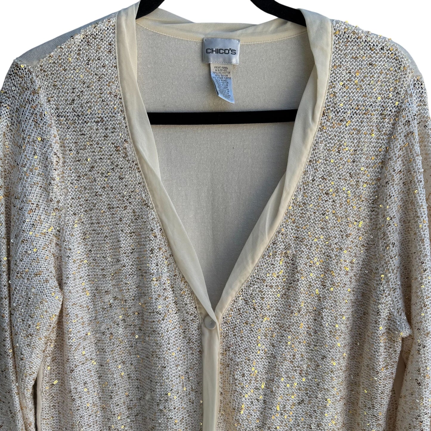 Chicos Sequin Embellished V Neck Glam Beige Gold Knit Cardigan Sweater Size 3