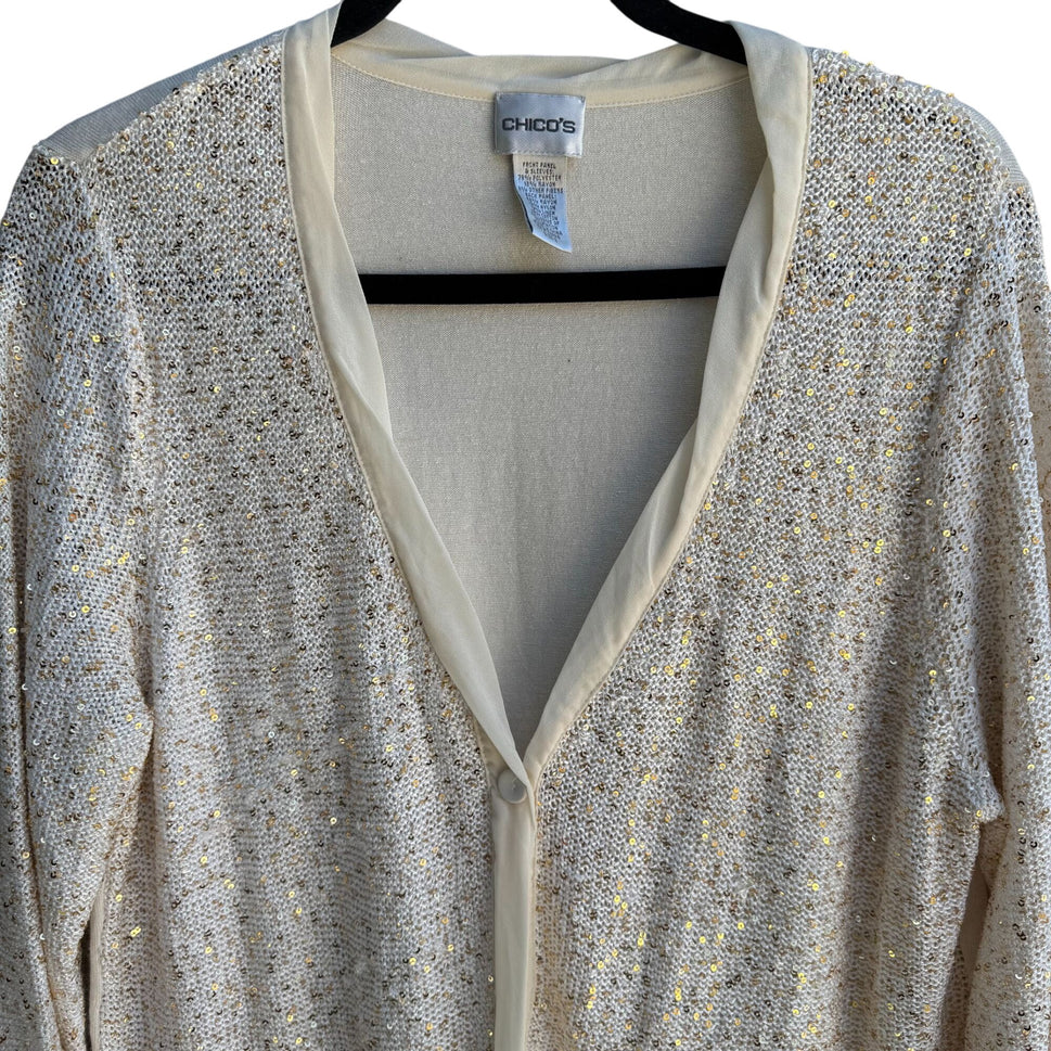 Chicos Sequin Embellished V Neck Glam Beige Gold Knit Cardigan Sweater Size 3