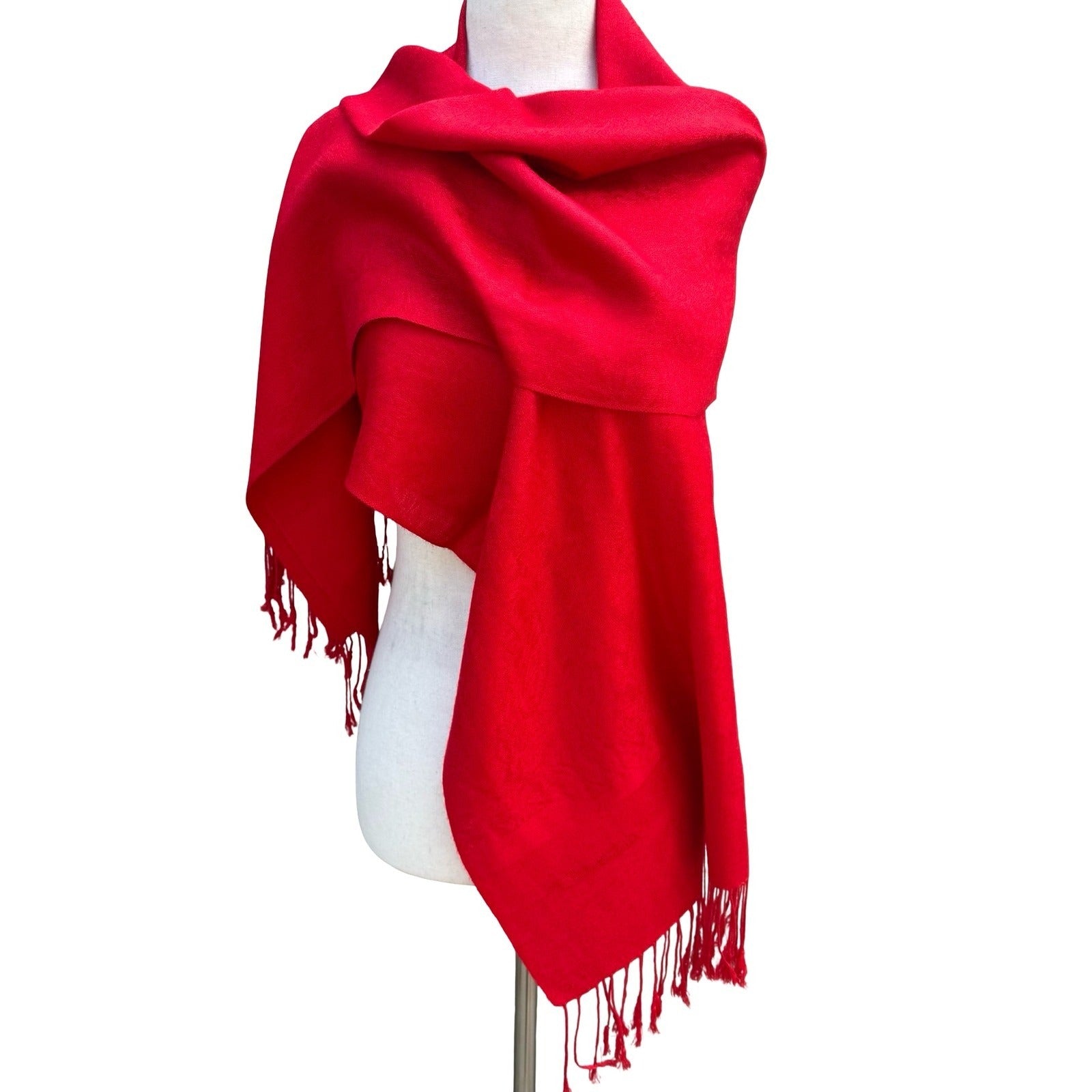 Scarlet Red Paisley Pashmina Shawl Wrap Fringed Oversized Scarf Crimson Jacquard
