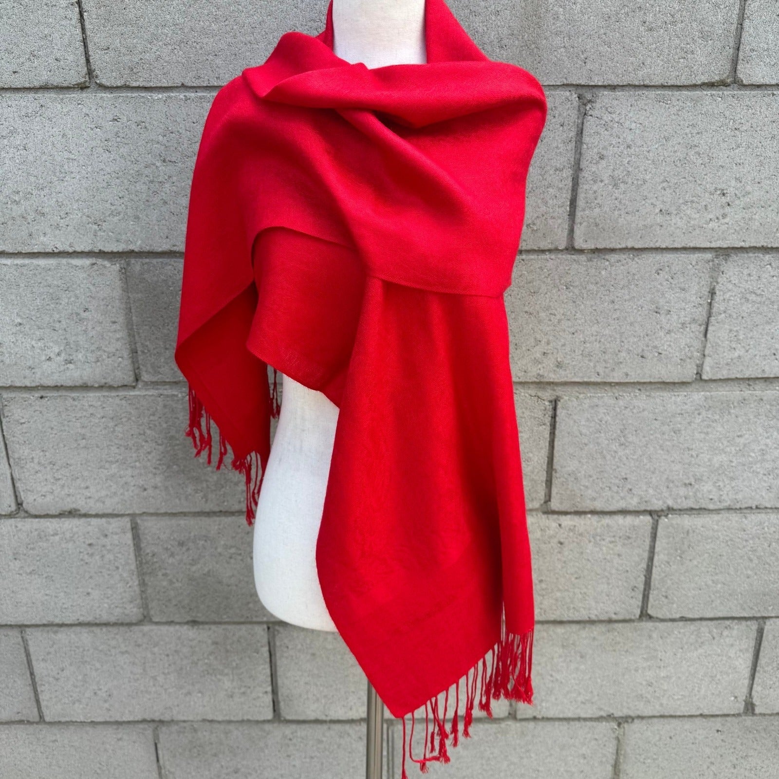 Scarlet Red Paisley Pashmina Shawl Wrap Fringed Oversized Scarf Crimson Jacquard
