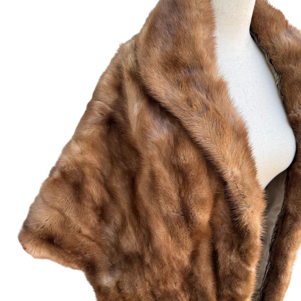 The Broadway Vintage Womens Brown Mink Fur Shawl With Embroidered Lining