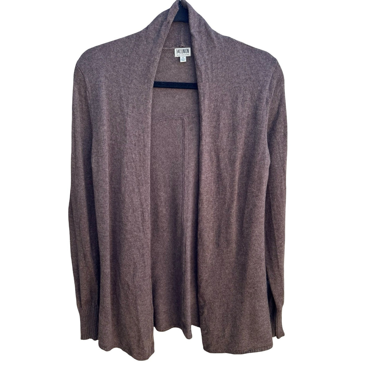14th & Union 100% Cashmere Minimalist Shawl Collar Open Front Cardigan Brown S