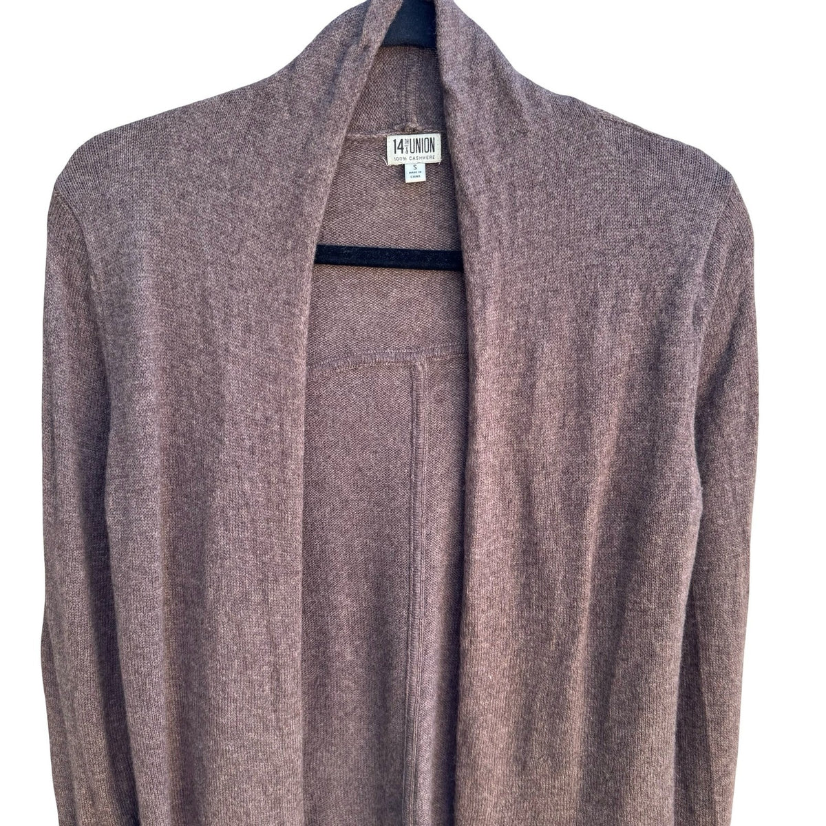 14th & Union 100% Cashmere Minimalist Shawl Collar Open Front Cardigan Brown S