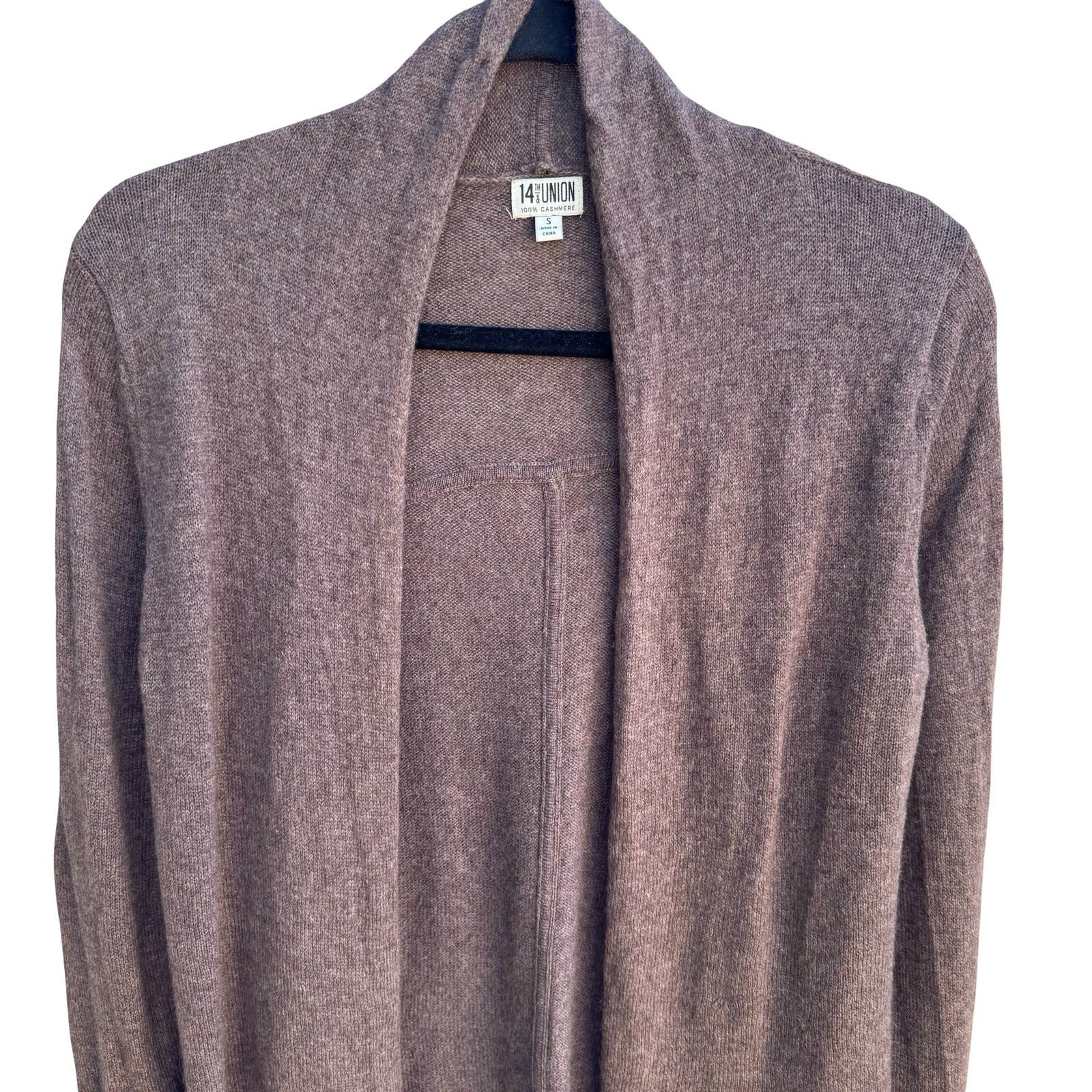14th & Union 100% Cashmere Minimalist Shawl Collar Open Front Cardigan Brown S