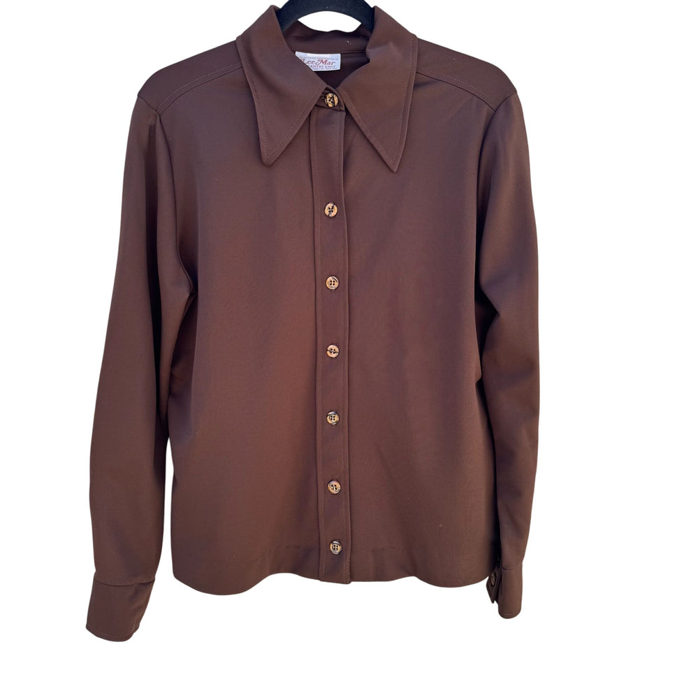 Lee Mar Pageantry Vintage 70s Womens Knit Brown Point Collar Button-Up Shirt