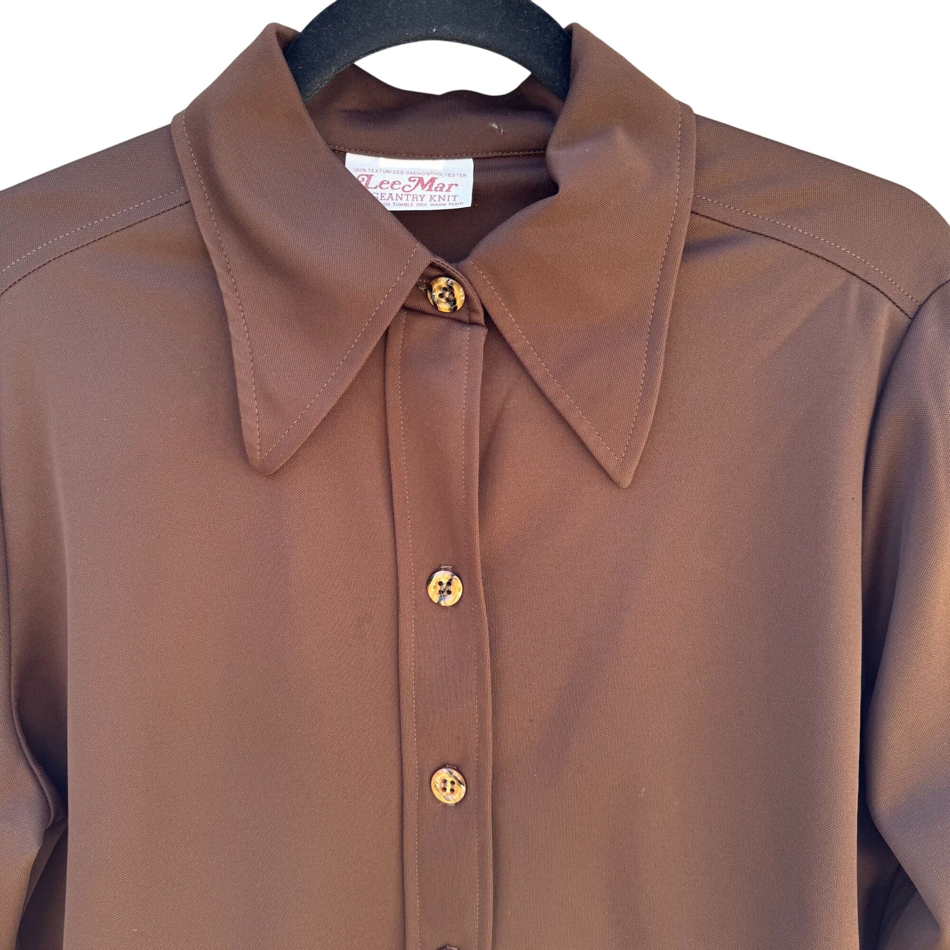 Lee Mar Pageantry Vintage 70s Womens Knit Brown Point Collar Button-Up Shirt