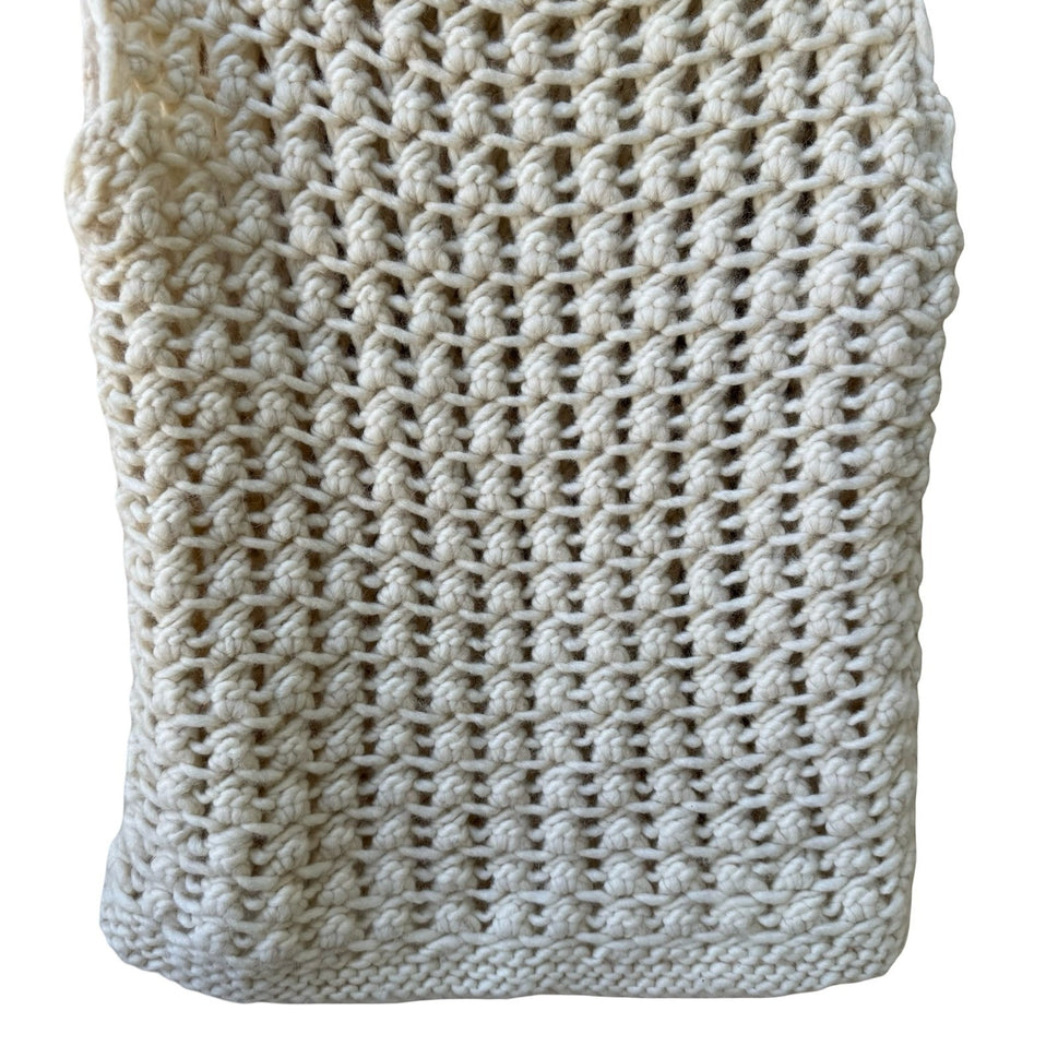 Lucky Brand Woolens Hand Knit Wool Chunky Lattice Turtleneck Sweater Cream L